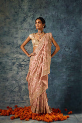 Light Pink Tissue Organza Saree with Zardozi, Gota Patti & Pearl Embroidery - Adira - House of Surya